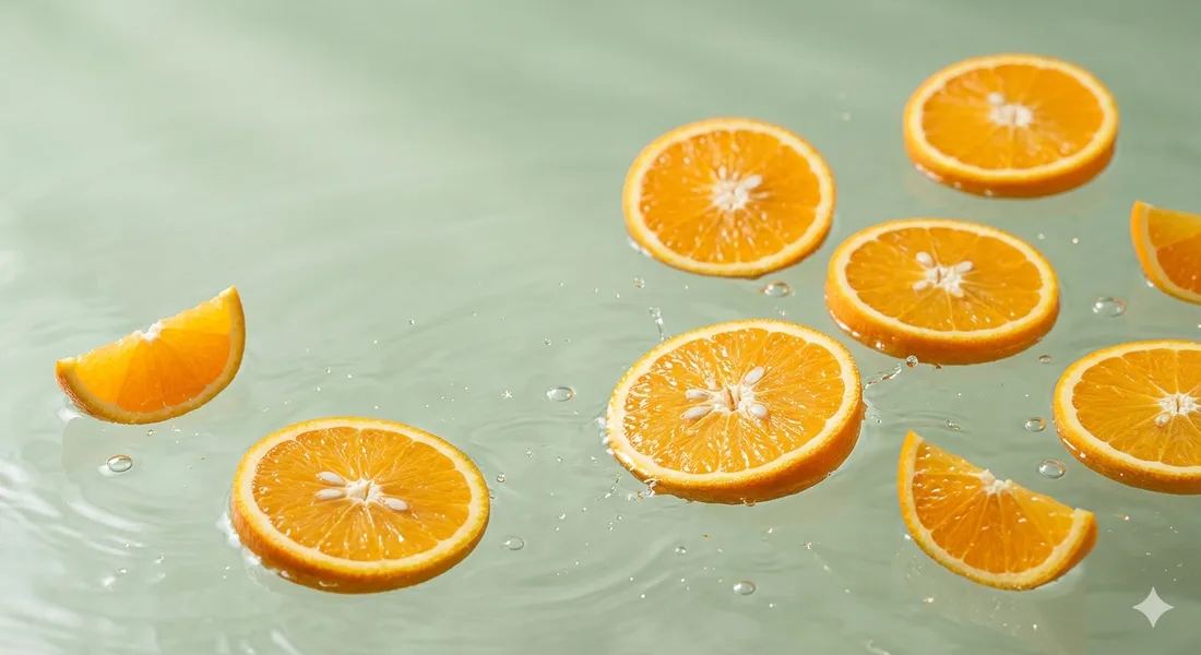 Fresh orange slices floating in water