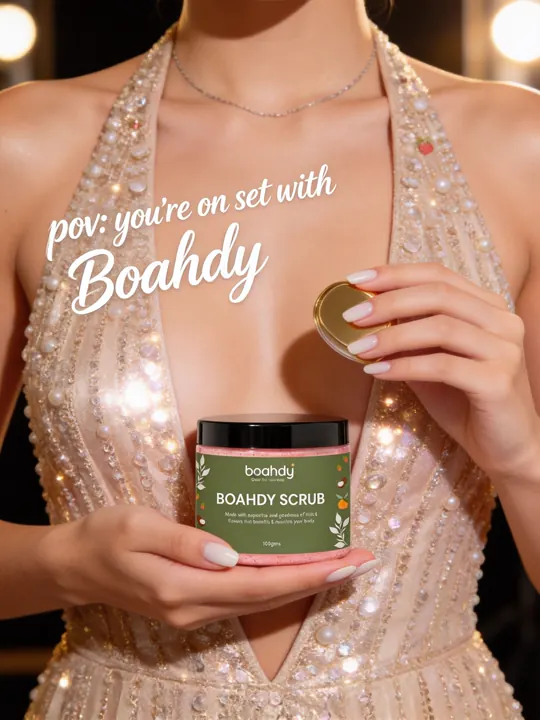 Holding a BOAHDY jar in a sequinned dress