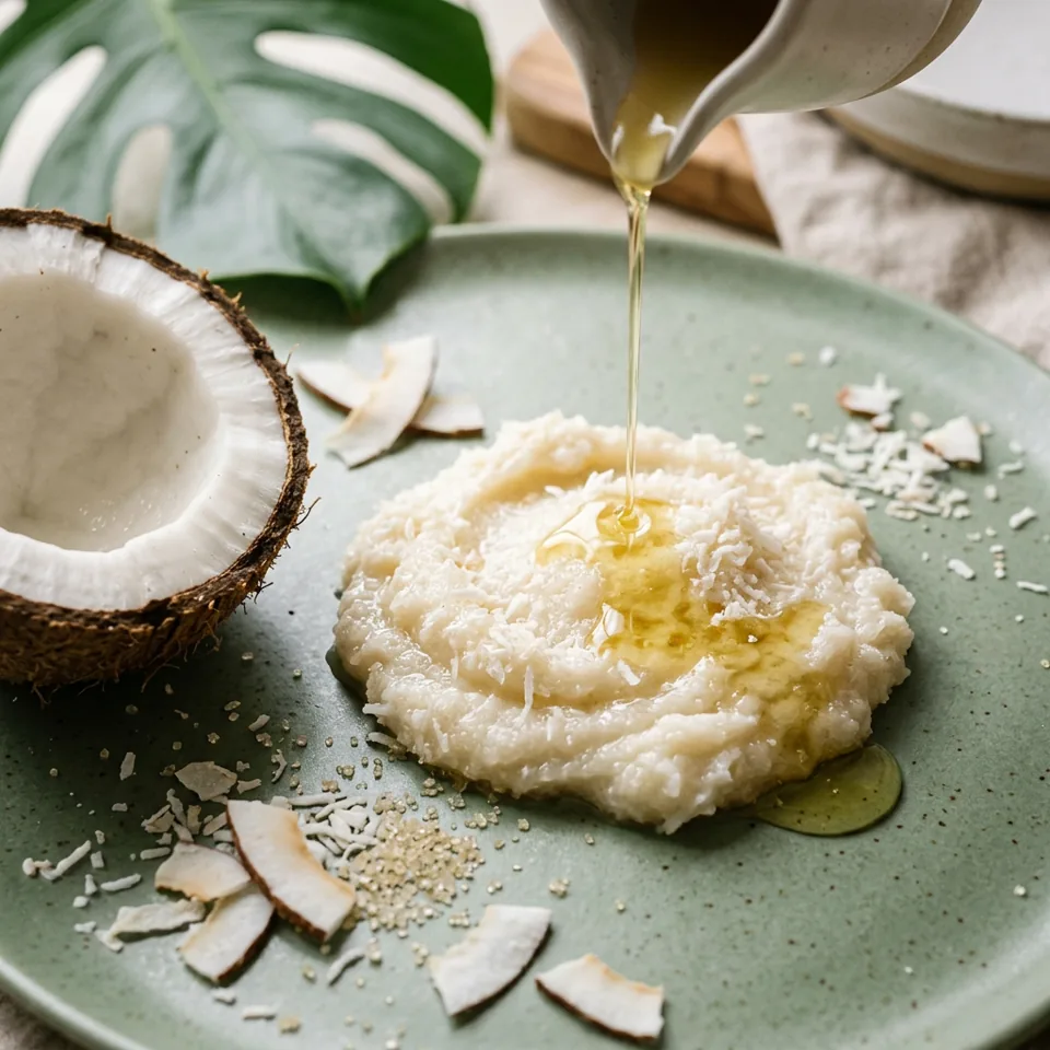 Creamy coconut body scrub with a pour of coconut oil and cracked coconut
