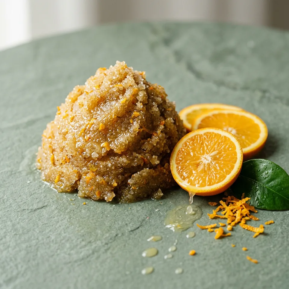 Orange sugar body scrub with fresh orange slices and zest